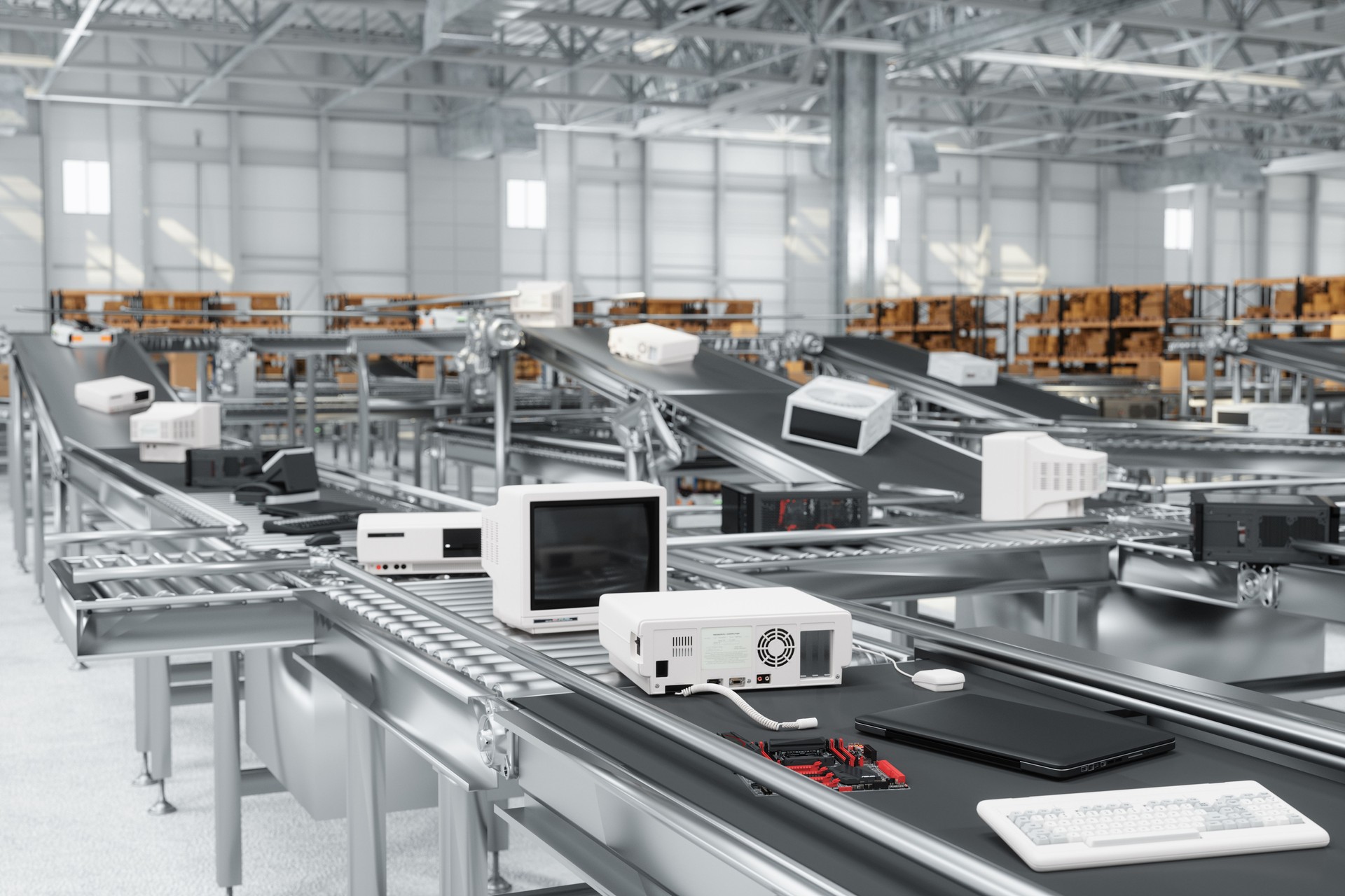 Close-up View Of Obsolete Computer Equipments On Conveyor Belt For Recycling. Waste Management Concept